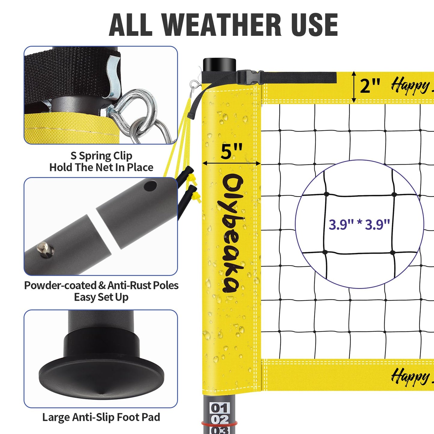 32ft / 20ft Portable Outdoor Volleyball Net Set for Grass Backyard Beach with 1.25" Height Adjustable Steel Poles, 28-ply Durable PE Net, PU Volleyball & Pump, Carry Bag (Yellow, 20ft)