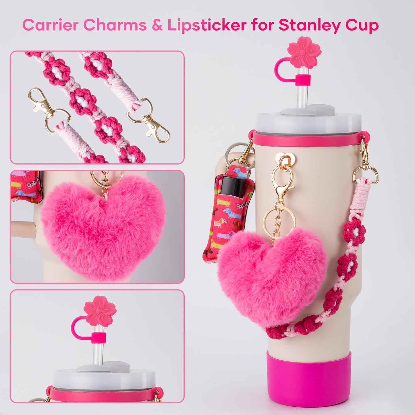 Bufilea Stanley Cup AccessoriesI Bottle Handle Carrier Strap,Silicone Cup Boot, Lipstick Holder, Straw Topper & Spill Stopper Cute Decorative Charms, Accessories for Stanley Cup 40oz/30oz Decor