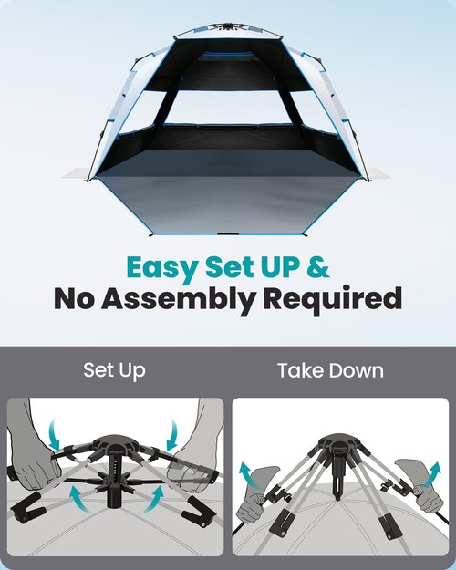 OutdoorMaster Beach Tent with Blackout Shelter Technology, Portable Sun Shade Shelter 4 Person, Pop Up Beach Tents with UPF 50+ UV Protection, 9.5mm Thick Pole, 3 Ventilating Mesh Windows