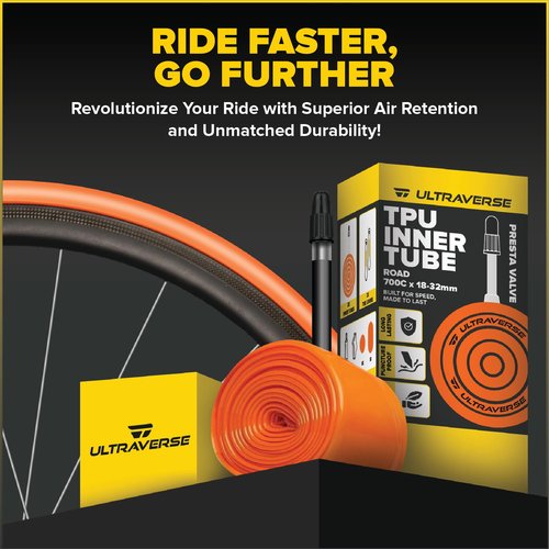 Ultraverse TPU Road Bike Inner Tube 700 x 18-32 with 65mm Presta Valves Ultra Lightweight Tubes for Road and Gravel Bicycles - 2 Pack with Repair Patch Kit
