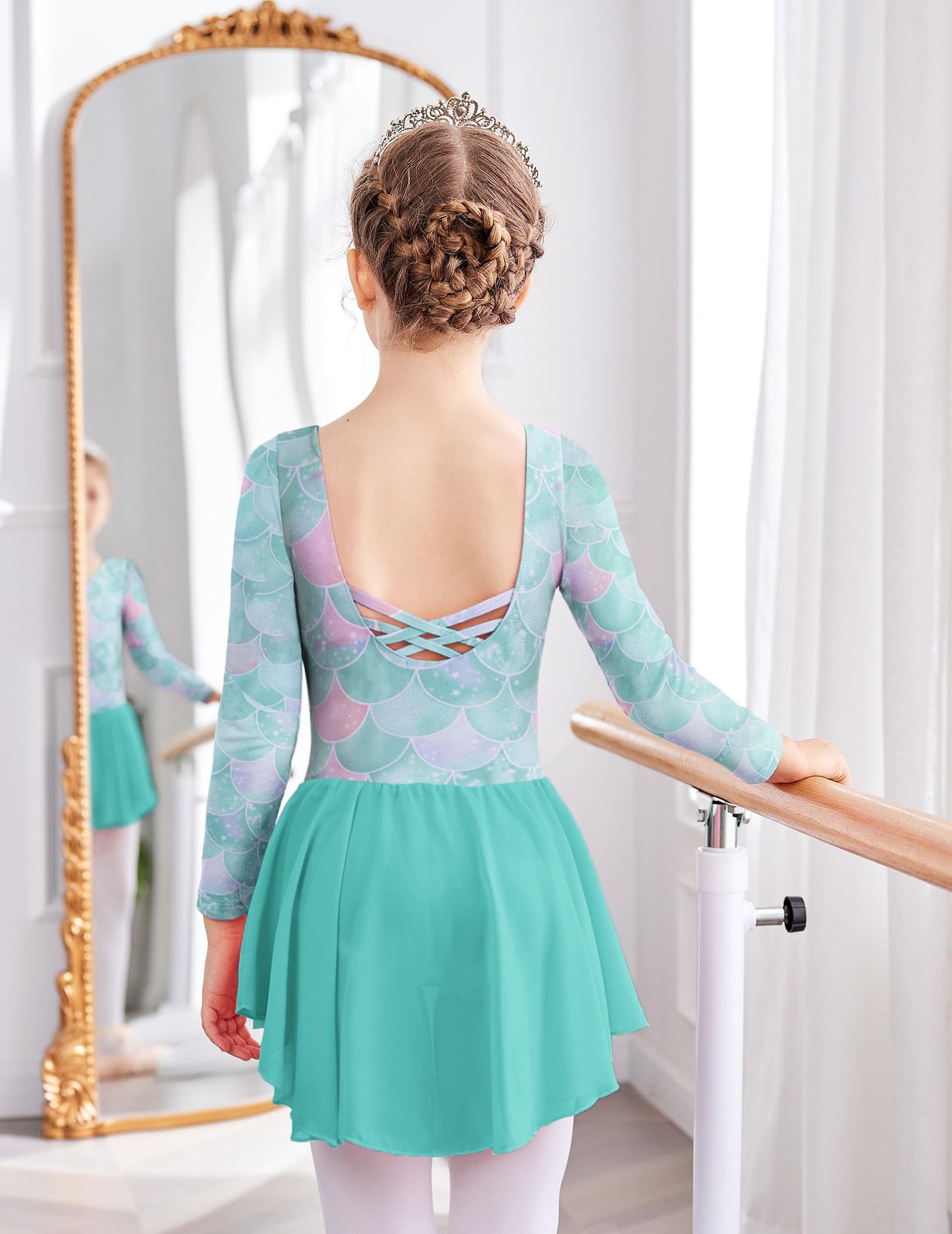 Zaclotre Ballet Leotards for Girls Toddler Classic Long Sleeve Criss-Cross Back Dance Dress Ballerina Outfits Green Mermaid