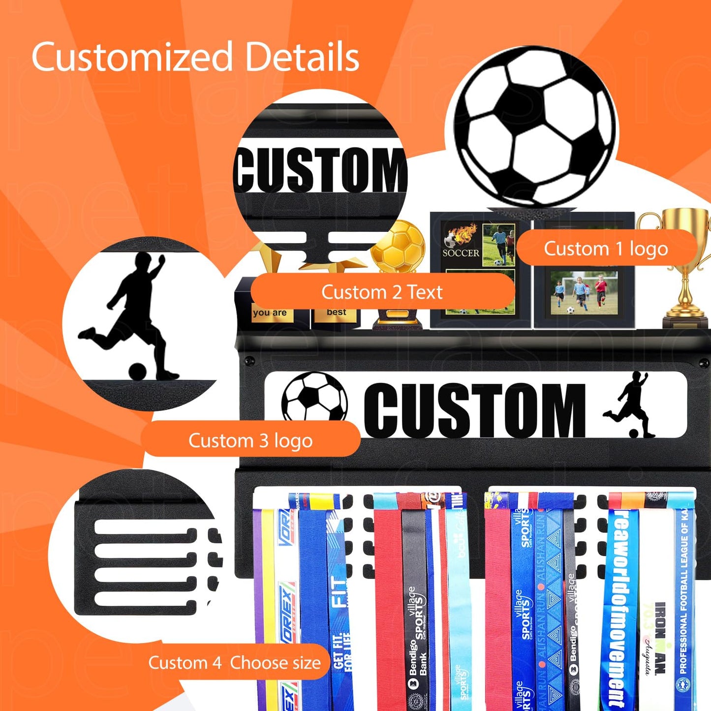 Lapetale Fashion Personalized Medal Holder with Name Display Rack for Awards Ribbons - Metal Custom Sports Race Plaques Hanger for Wall Mount Hold Up 60 Medal Hanger Display for Athlete Boy Girl Kid