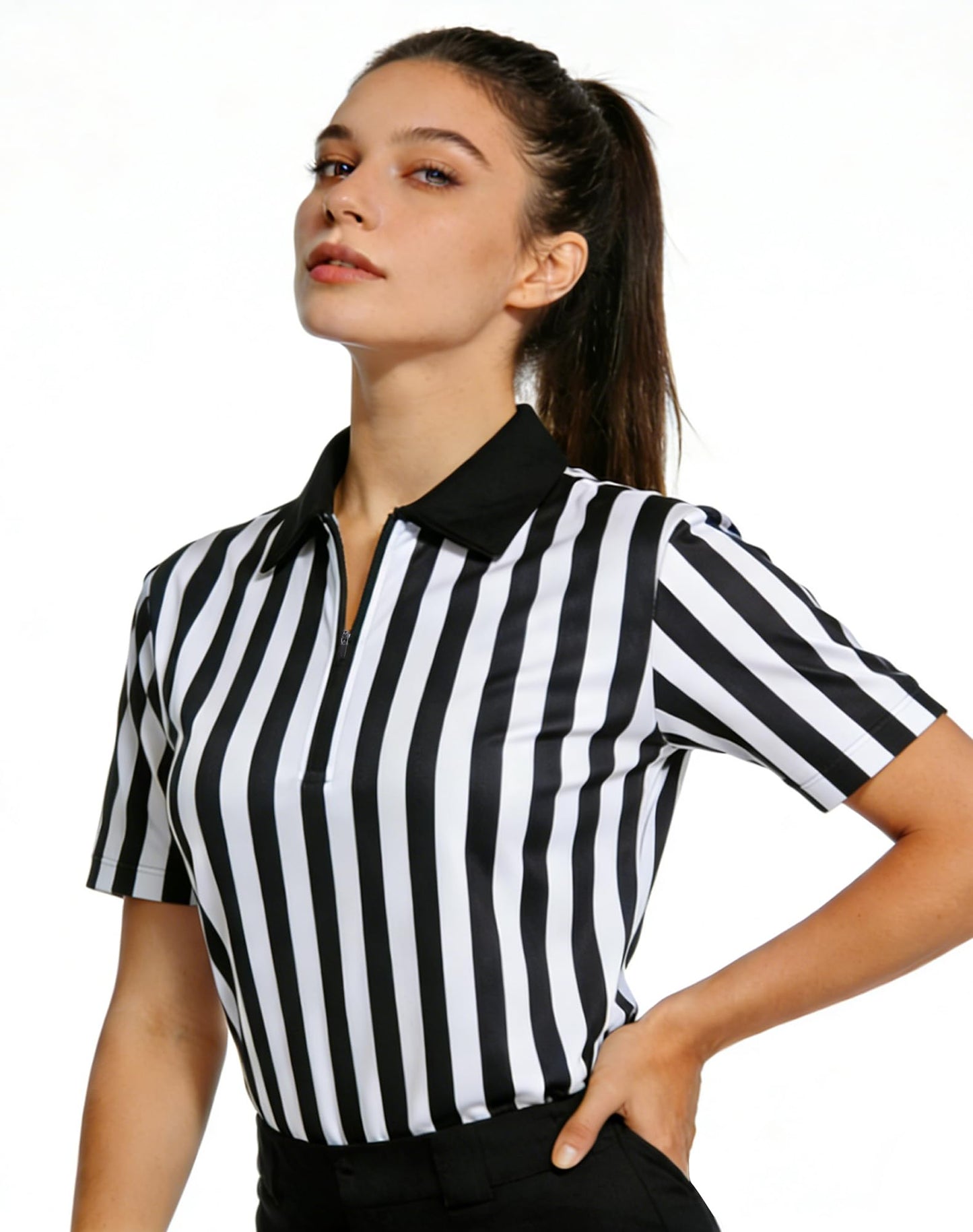 WILLBEFIT Women's Referee Shirt Official Football Basketball Zipper Ref Jersey for Halloween Costume Umpire Waitress Uniform XXL