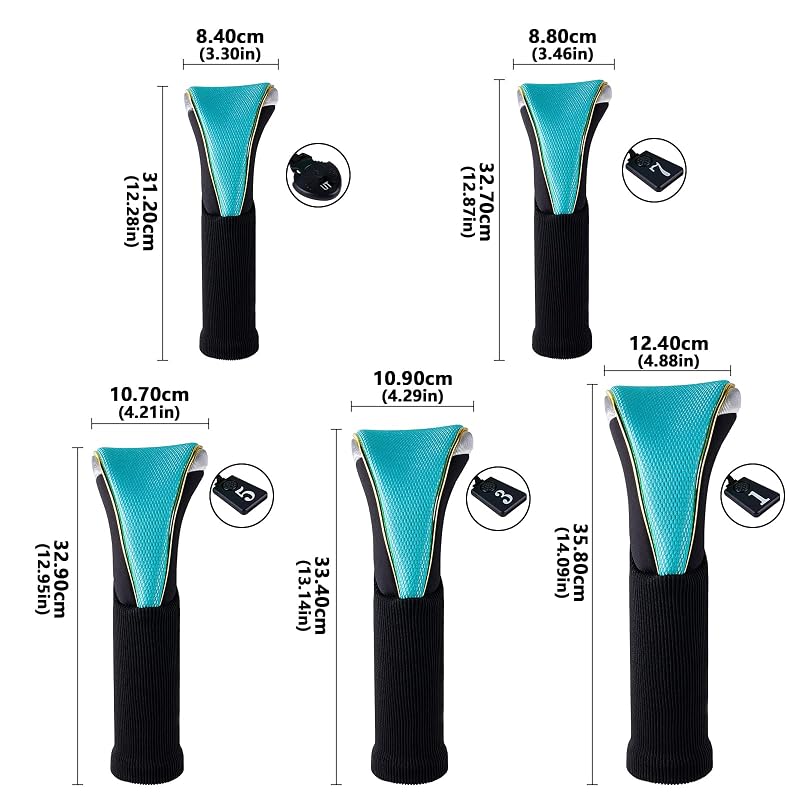 Andux 5Pcs Golf Head Covers Set - Pull-on, Light Blue, Long Neck, With Number Dial (MT/ZH15) Variation