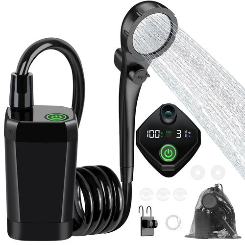 Fotgear Portable Camping Shower, 6000mAh Rechargeable Outdoor Shower Pump with LED Display, 3 Spray Modes, IPX7 Waterproof Camping Shower Kit for Hiking, Travel, Car Washing, RV, Pet Bath