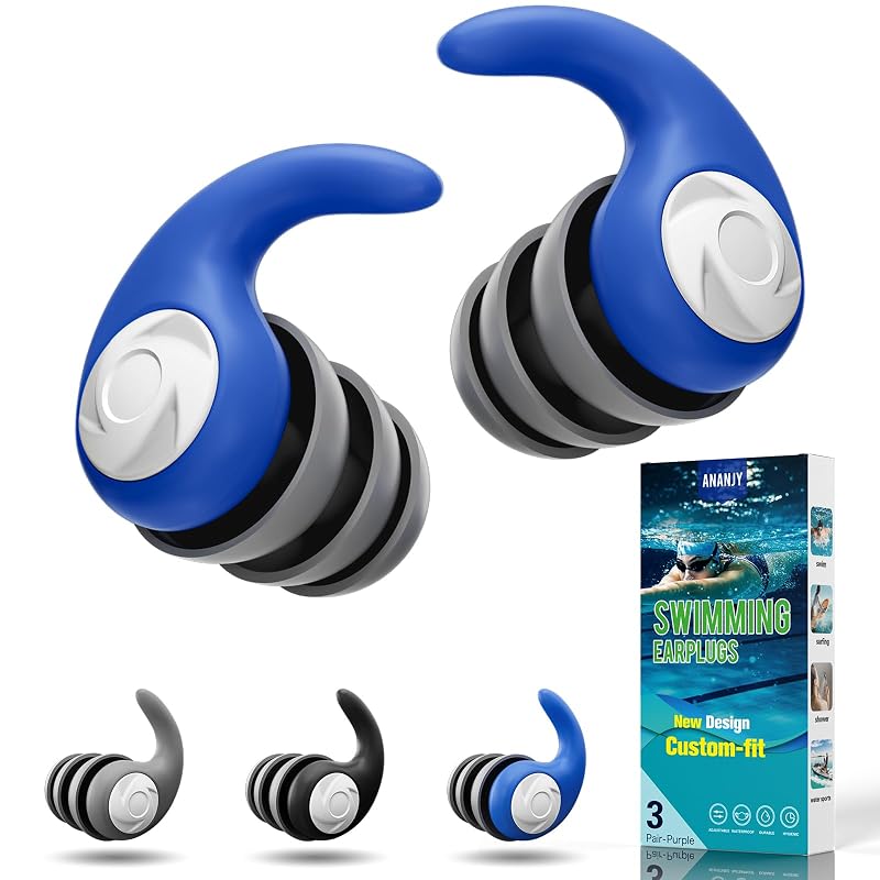 Waterproof Ear Plugs for Adults and Kids - 3 Pairs, Soft Silicone, Left/Right Indicator, Carry Case - Black, Gray, Blue