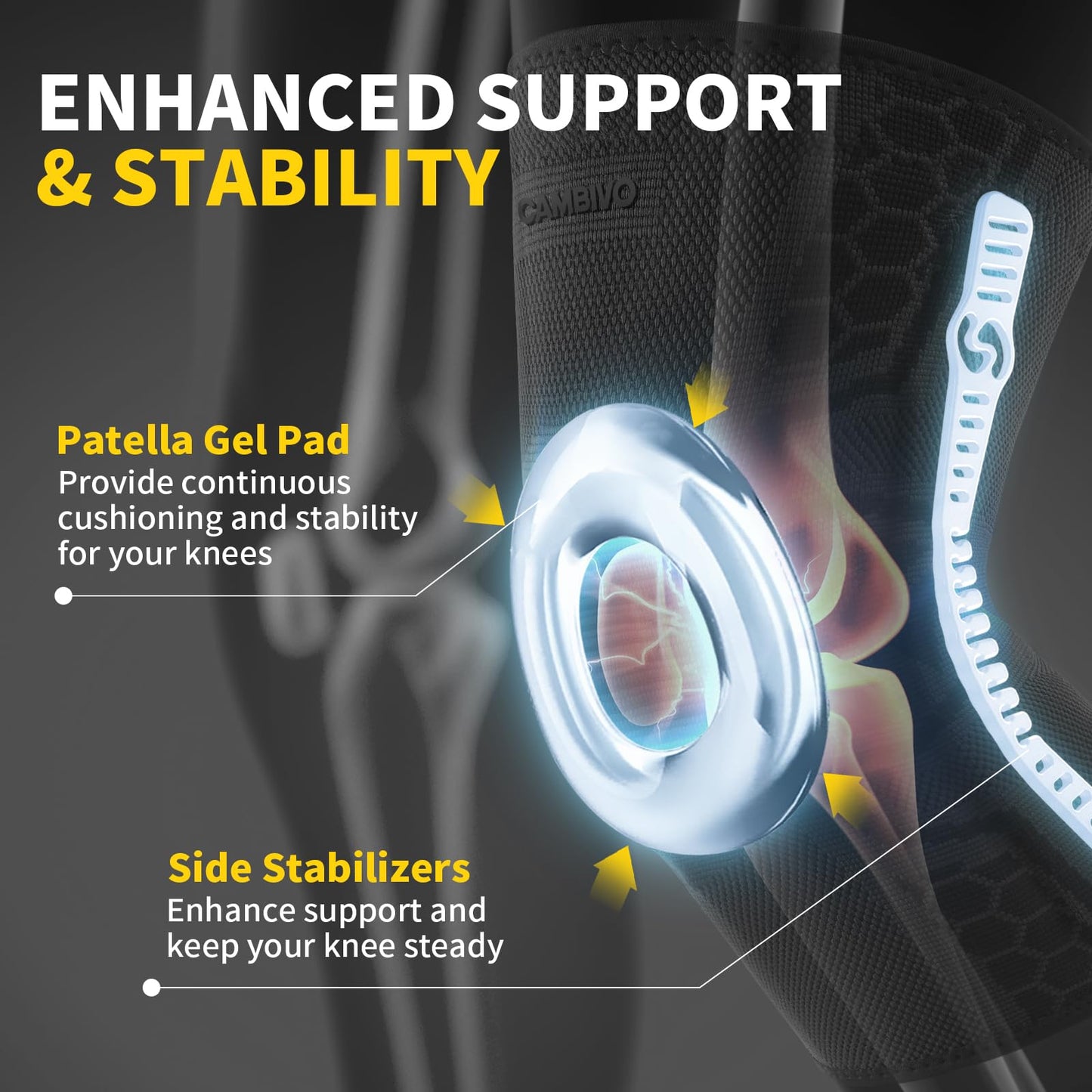 CAMBIVO Knee Brace for Knee Pain, Medical Grade Knee Compression Sleeve with Side Stabilizers & Patella Gel Pad for Meniscus Tear, Arthritis, ACL, Running,Workout, Daily Use(Black, Medium)