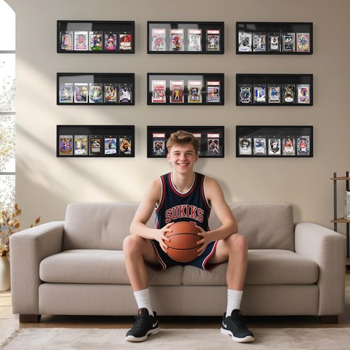 Emfogo Card Display Case, Trading Card Display Frame Wall Mount, Wooden Baseball Card Display Case with Clear View, Graded Sports Card Display for Trading Card Collection (1 Pack-Black)