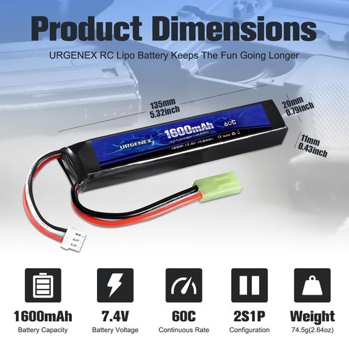URGENEX Airsoft Battery 7.4V 1600mAh 60C High Discharge Rate Lipo Battery Pack with Mini Tamiya Plug Rechargeable 2S Lipos Fit for Airsoft Model Guns