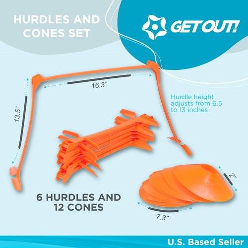 Get Out! Adjustable Hurdles and Cone Set - 6pc Agility Hurdles Training Equipment and 12pc Cones for Soccer and Football