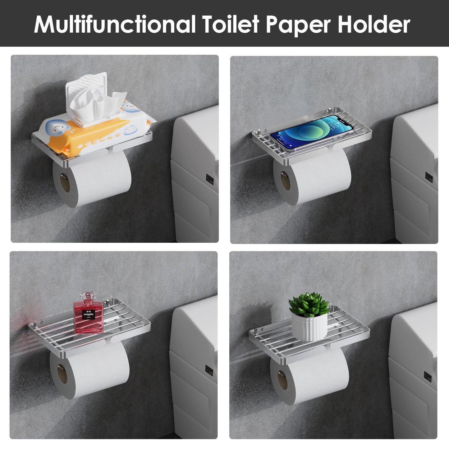 Toilet Paper Holder with Wipes Holder, Self Adhesive Toilet Rolls Holder Without Drilling, Rustproof Stainless Steel