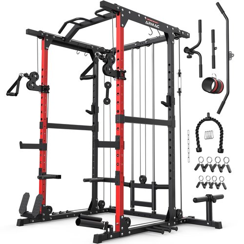 ARMAC Power Cage,1500lbs Multi-Function Power Rack with Adjustable Cable Crossover System and More Training Attachment, Weight Cage for Home Gym (Red01)