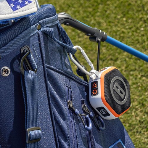 Bushnell Golf Wingman Mini GPS Speaker (Orange/White) | Magnetic Mount, Music & Audible Distances for 38,000+ Courses, Carabiner Clip, Waterproof, 36-Hole Battery, with Signature Series Golf Towel