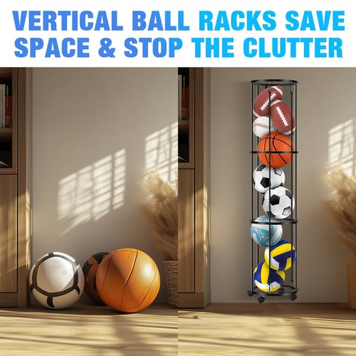 Columnar Vertical Ball Storage Racks with Wheels-NEW Durable 58x13'' Rolling Basketball Holder Wall Mount for Soccer, Volleyball, Space-Saving Garage Sports Ball Rack Organizer for Home,Gym & Outdoors