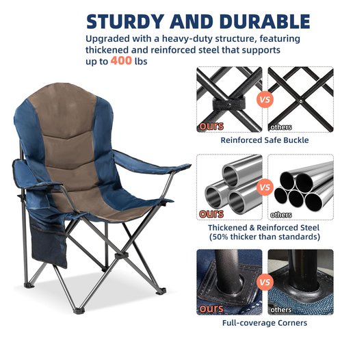 Foristrail 2 Pack Folding Camping Chairs for Adults - High Back Padded Portable Outdoor Lawn Chairs 400lbs Capacity, Adjustable Armrests - Lightweight Camp Chairs Set (Blue & Brown)