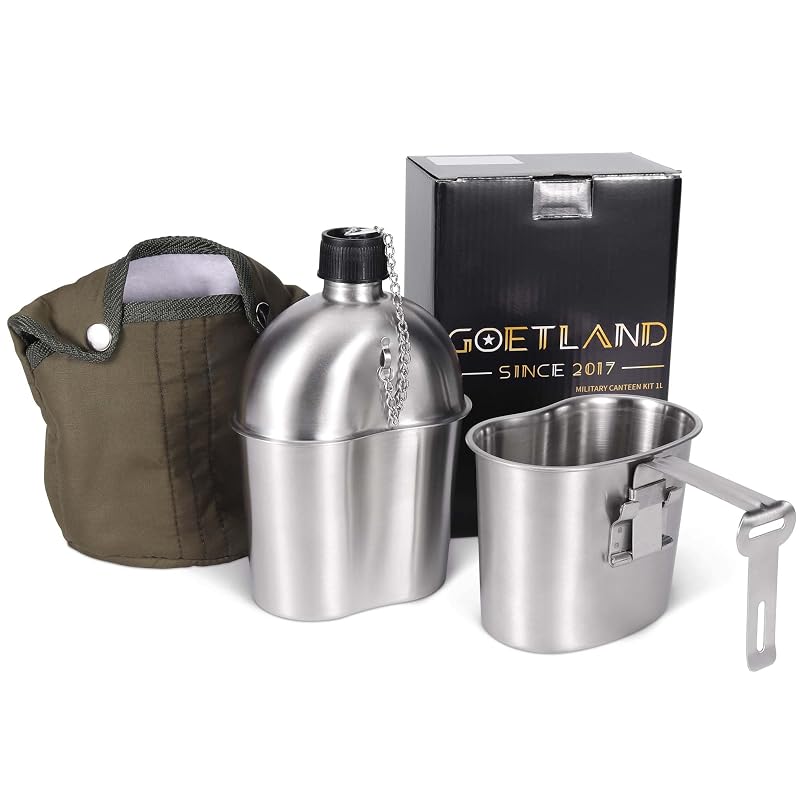Goetland 1QT Stainless Steel WWII US Army Canteen with Cup & Nylon Pouch – Grab Handle Cup Variation