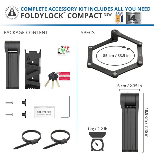 Seatylock FoldyLock Compact Folding Bike Lock - Award Winning Patented Lightweight High Security Bicycle Lock - Heavy Duty Anti Theft Smart Secure Guard with Keys & Case for Bikes or Scooters