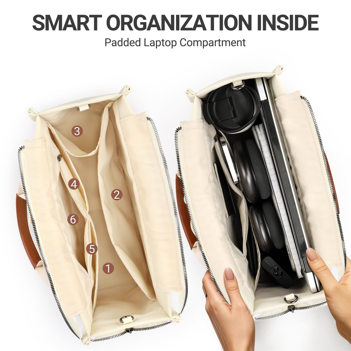 ZORFIN Canvas Tote Bag for Women with Zipper and Compartments Crossbody Work Laptop Bag for Travel College Office, Beige