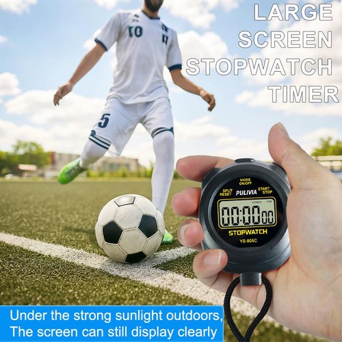 PULIVIA Stopwatch Timer with Countdown, Simple Operation Digital Stop Watch for Sports, Countdown-Alarm, Button-Sound, Replaceable AAA Battery, Black