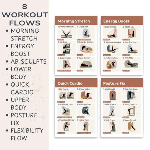 Wall Pilates Workout Cards for Women – 76 Illustrated Pilates Exercise Cards for Home Fitness | Daily Low-Impact Workouts | 67 Wall Pilates Moves + 8 Routines + 1 Guide | No Equipment Needed