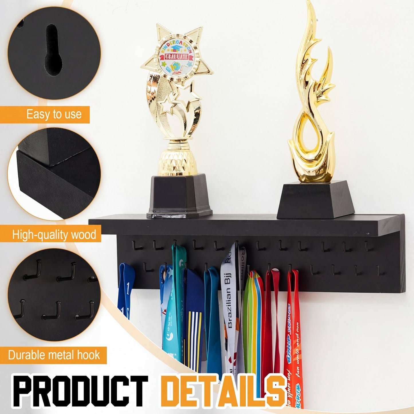 Threehoney Wooden Medal Hanger Display Trophy Holder Shelf with 25/37/49/65/83 Hooks Wall Mount Ribbon Holder Gift for Gymnastics Running Soccer Awards