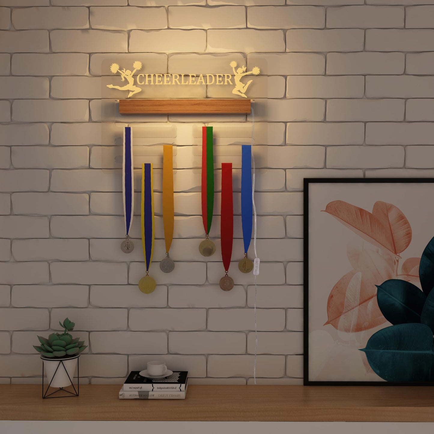 Ammonite Light up Cheerleader Medal Hanger Display, Holder Rack for Awards or Ribbons, Sports Themed Ribbon Holder for Wall, Tiered Award Rack