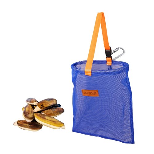 LUPUSH Clam Bag with Carabiner – Heavy-Duty Clam Net with Coated Mesh and Steel Ring – For Razor Clams, Clamming & Surf Fishing – Handheld or Belt Carry