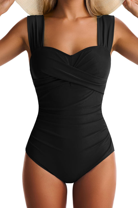 EVOCRCO Womens One Piece Swimsuits Tummy Control Bathing Suits Modest Full Coverage Swimsuit Wide Straps Swimwear Black
