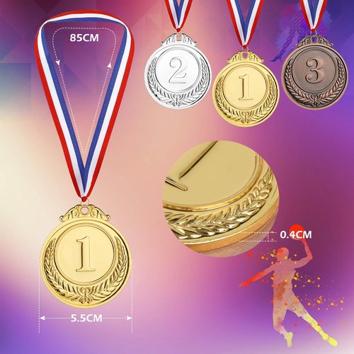 Geepen 12PCS Gold Silver Bronze Award Medals, Kids Reward Medal Winner Medals Gold Prizes Gold Medal with Neck Ribbons for Sports, Competitions