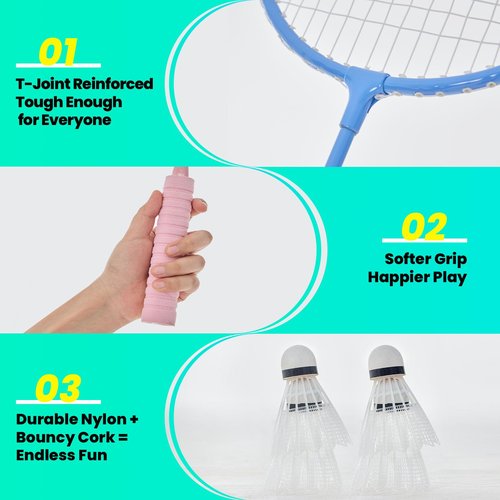 Portable Badminton Net Set Lightweight All-Plastic No-Tool Assembly with 4 Foam Handle Rackets & Nylon Shuttlecocks Carry Case with Cup Holder, Ideal for Backyard, Beach & Park Outdoor Game, Green
