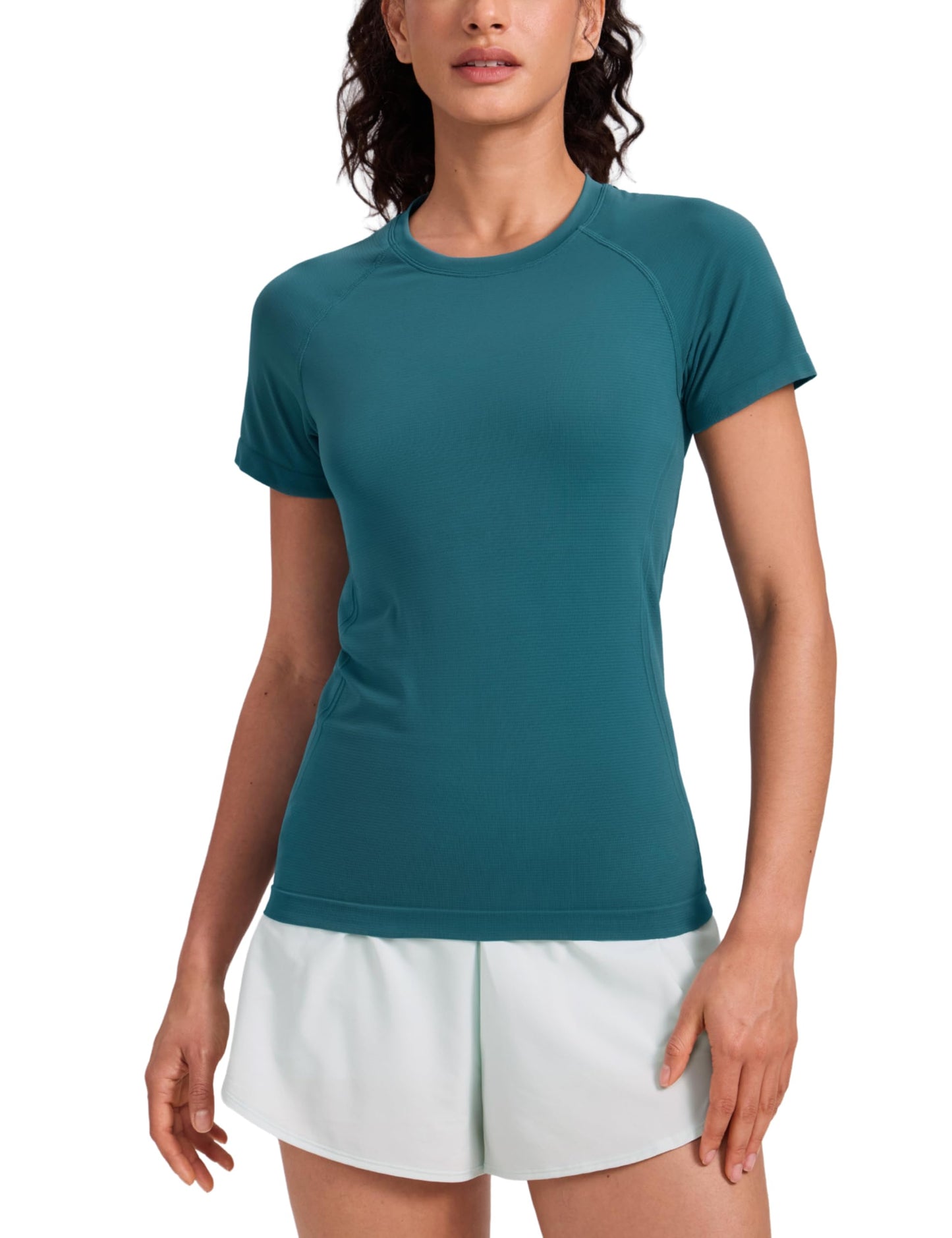 CRZ YOGA Seamless Workout Tops for Women Hip Length - Athletic Running Gym Yoga Short Sleeve Shirts Breathable Crewneck Tees Green Jade Small
