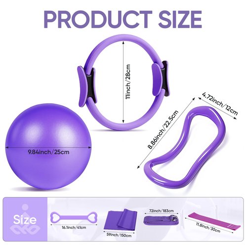 ElaraFit Home Pilates Kit for Women Purple Pilates Equipment Ring and Ball Set Magic Circle Hoop with 5 Resistance Bands Compact Toning Fitness Essentials Starter Set Accessories