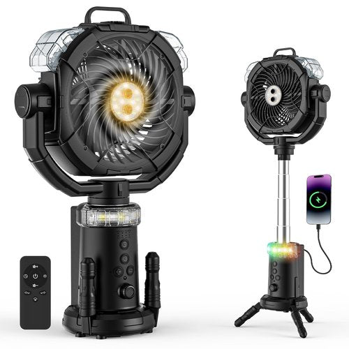 Camping Fan Rechargeable 330ml Portable Misting Fan 20000mah Battery Powered With Led Light Height Adjustable Remote Hook Oscillating Floor Outdoor Fans For Camping Patios, 2 Spray Mister, Black