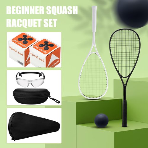 Seenelling Beginner Squash Racquet Set Includes 2 Squash Racquets with Racket Bags, 2 Anti Fog Goggles with Cases, and 2 Blue Dot Ball for Beginners, Training, and Recreational Play