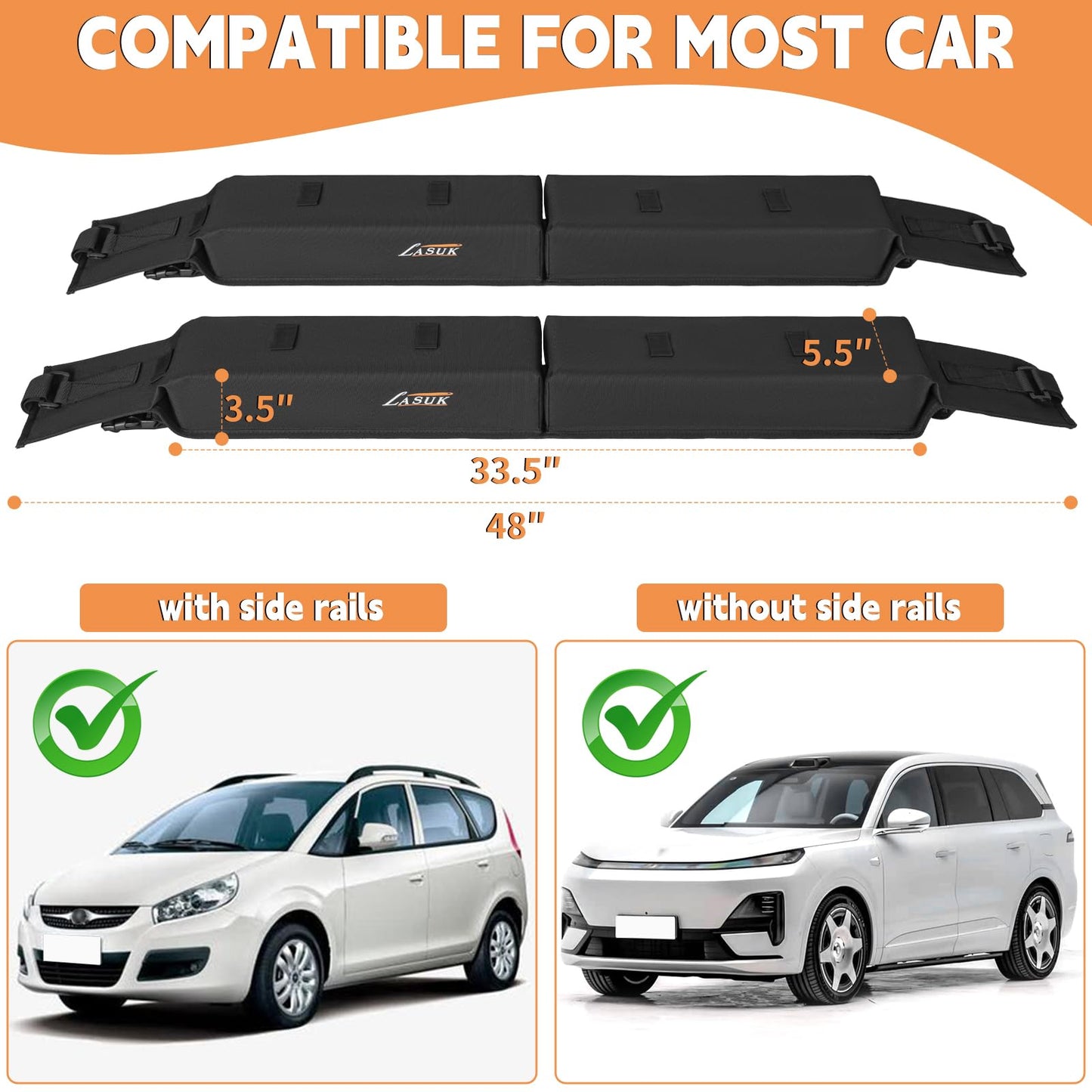 LASUK Universal Soft Roof Rack Pads for Kayak SUP Surfboard Snowboard Canoe, Heavy Duty Car Roof Rack System with 2 Tie Down Straps, 4 Quick Loop Straps, 2 Hood Loops, Tie Down Ropes and Storage Bag