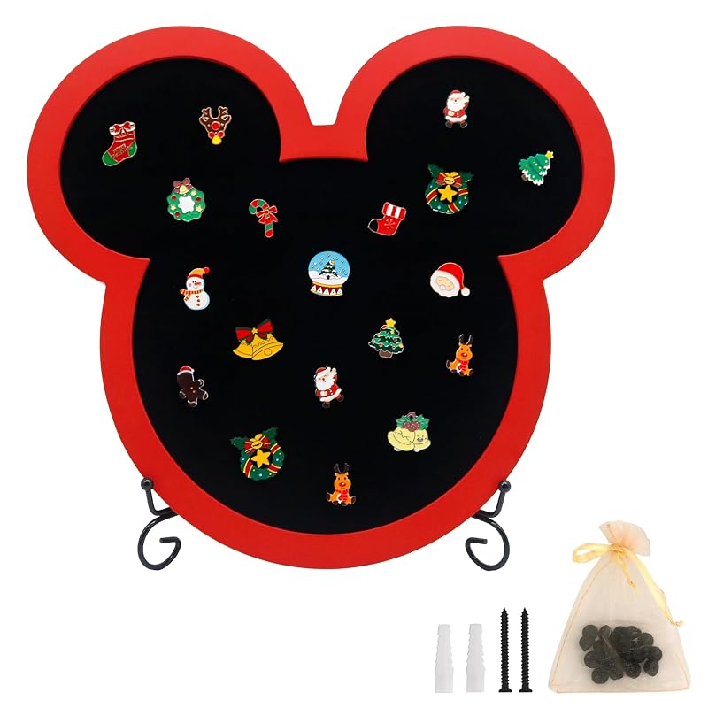 Pin Board Display Case Frame with Stand Easel - Velvet Mouse Design, Red+Mouse