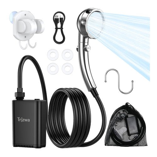 TRJZWA Portable Outdoor Shower, 2600mAh Battery Powered Camping Shower, Rechargeable Shower Pump with Adjustable Shower Head for Outdoor Shower Camp,Hiking Beach,Travel,Car Washing,Pet Bath,Garden