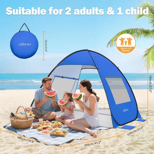 Pop Up Beach Tent UPF 50+ Shade Sun Shelter for 1-3 Persons Canopy Cabana with 2 Doors Easy Set Up Beach Umbrella(BU