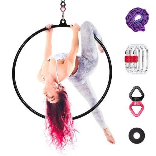 PRIORMAN Lyra Hoop Aerial Hoop Set with Rigging Hardware Single Stainless Steel Hoop Circus Great for Dancing Studio, Aerial Fitness (Classical Matte Black， Dia: 90cm-Tube Dia:25mm)