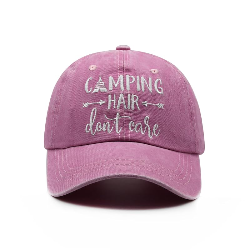 Women's Pink Embroidered Camping Hair Don't Care Adjustable Baseball Cap