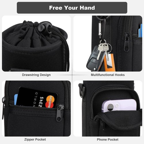 Bstge Water Bottle Holder with Strap, Water Bottle Carrier Bag with Phone Pocket, Shoulder Hand Strap Insulated Neoprene 32 oz Water Bottle Sleeve for Walking Hiking Camping Gym(black)