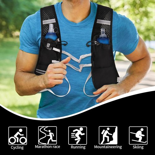 Running Vest Backpack, Lightweight Hydration Backpack with Water Bladder or Soft Flask, Hydration Packs for Cycling Biking Hiking Climbing Skiing (Backpack with 2pcs Soft Flasks)