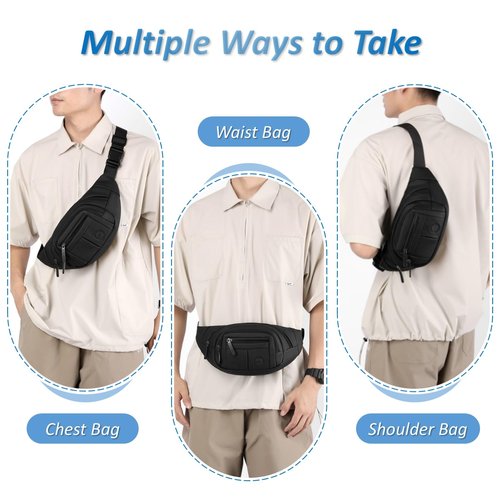 FYRLFB Large Fanny Pack for Men and Women, Crossbody Waist Bag with 4 Zipper Pockets Easy Carry Any Phone, Fashion Waist Packs with Adjustable Strap for Travelling, Hiking, Cycling, Running - Black