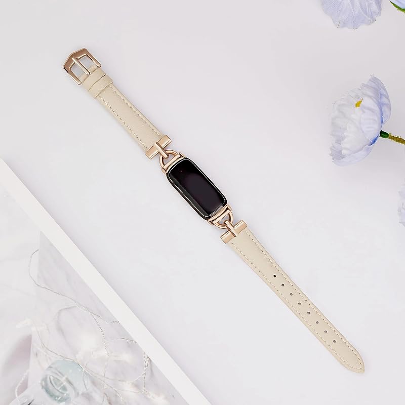 Leather Band for Fitbit Inspire 3 - Beige / Rose Gold, Apawband Variation