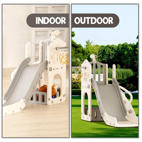 XJD 5 in 1 Toddler Slide, Kids Slide for Toddlers Age 1-3, Outdoor Indoor Playset for Toddlers with Basketball Hoop and Ball, Storage Space and Non-Slip Steps Telescope (Gley)
