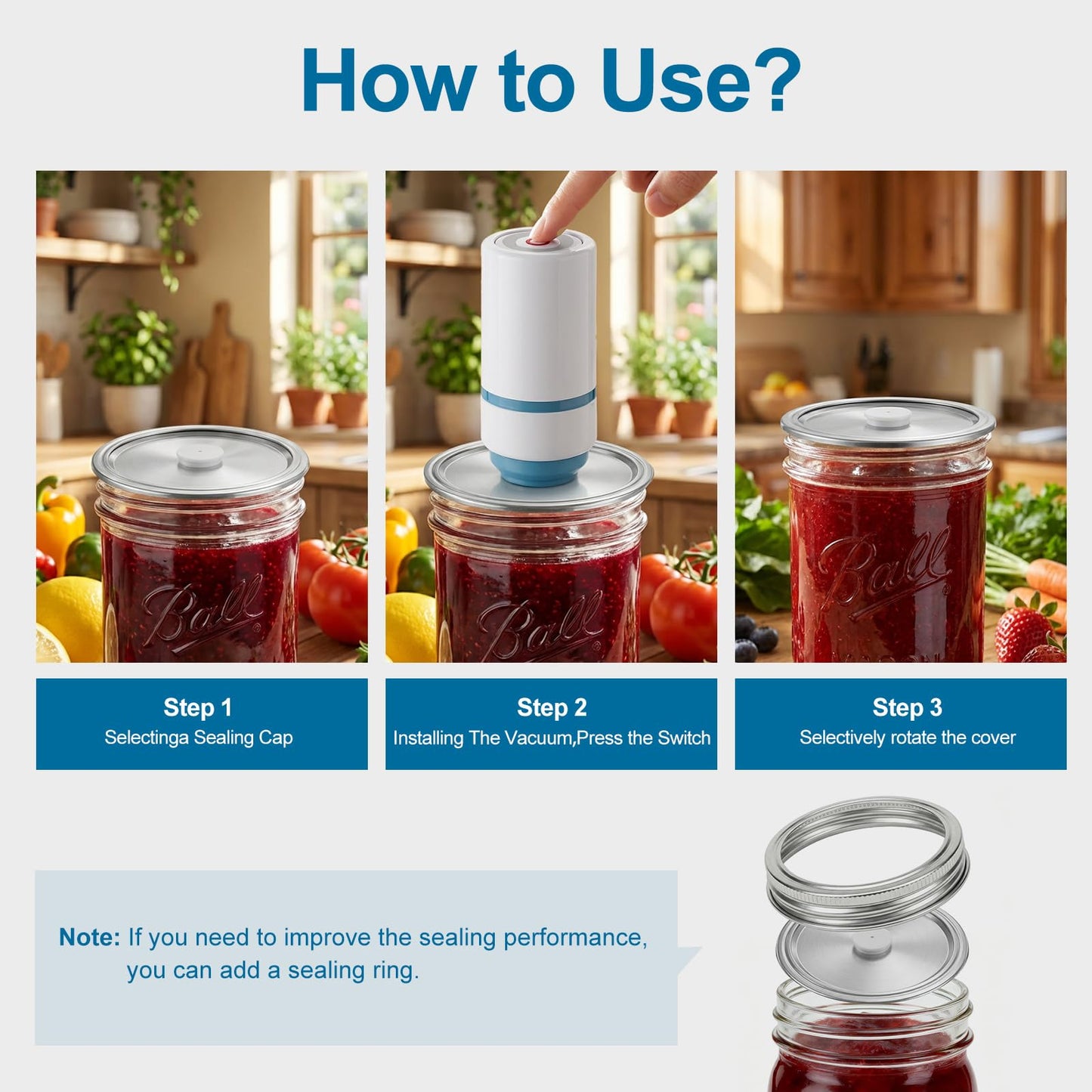 Electric Mason Jar Vacuum Sealer Kit, Sunchic 2026 Portable Jar Vacuum Sealer, No Opener Needed, Fits Wide & Regular Mouth Jars, 12 Reusable Lids & 6 Sealing Rings, Food Storage Canning Machine