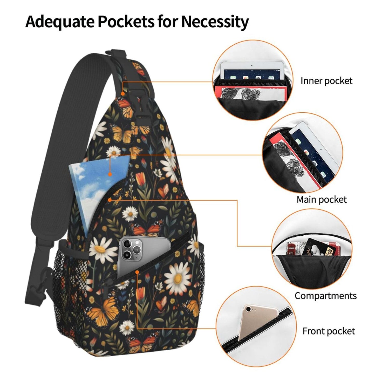 SUPLUCHOM Sling Bag Vintage Butterfly Daisy Leaf Hiking Daypack Crossbody Shoulder Backpack Travel Chest Pack for Men Women