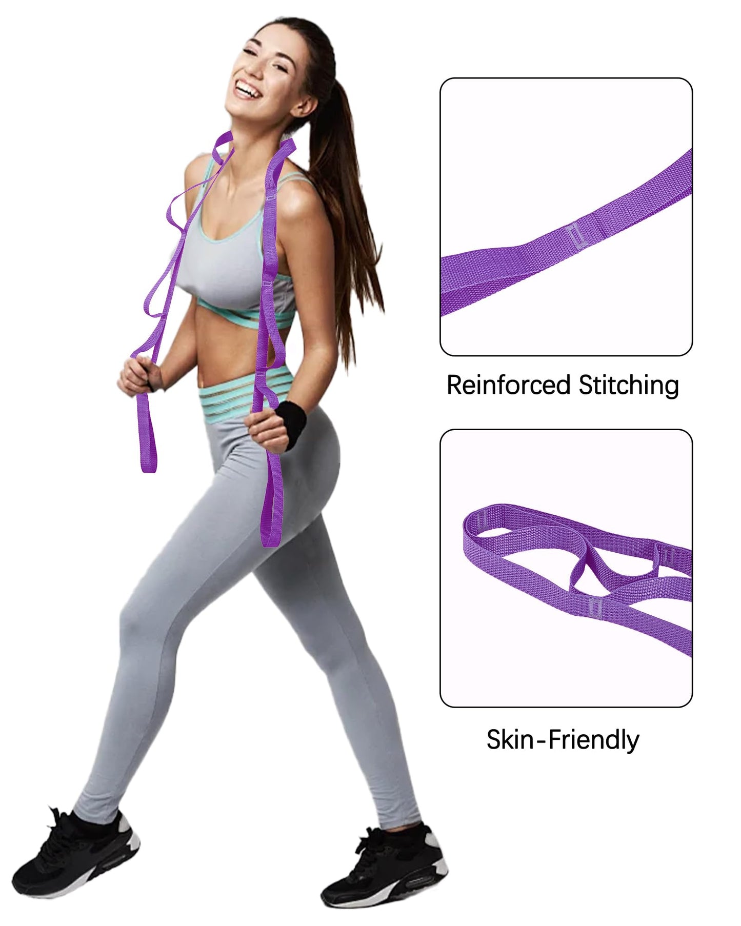 10 Loop Yoga Stretching Strap for Physical Therapy - Non Elastic Exercise Band for Pilates, Yoga, Stretching for Women & Men