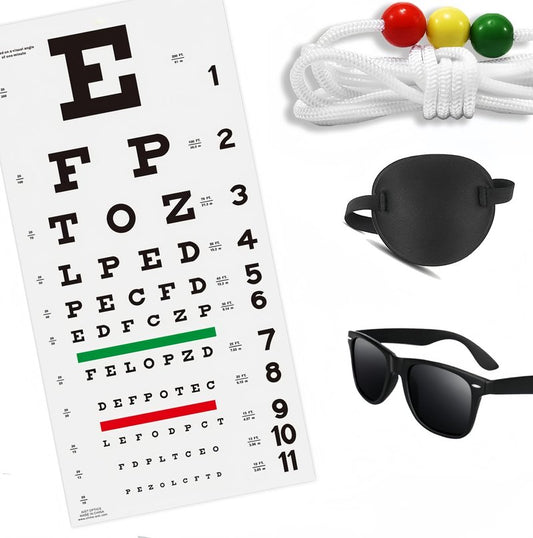 Eye Chart & Eye Patch, Brock Beaded String, 10 Foot String with 3 Sliding Beads & Focus Glasses,Eye Convergence Insufficiency - Hand Eye Coordination Training - Better Vision for Athletic Sport