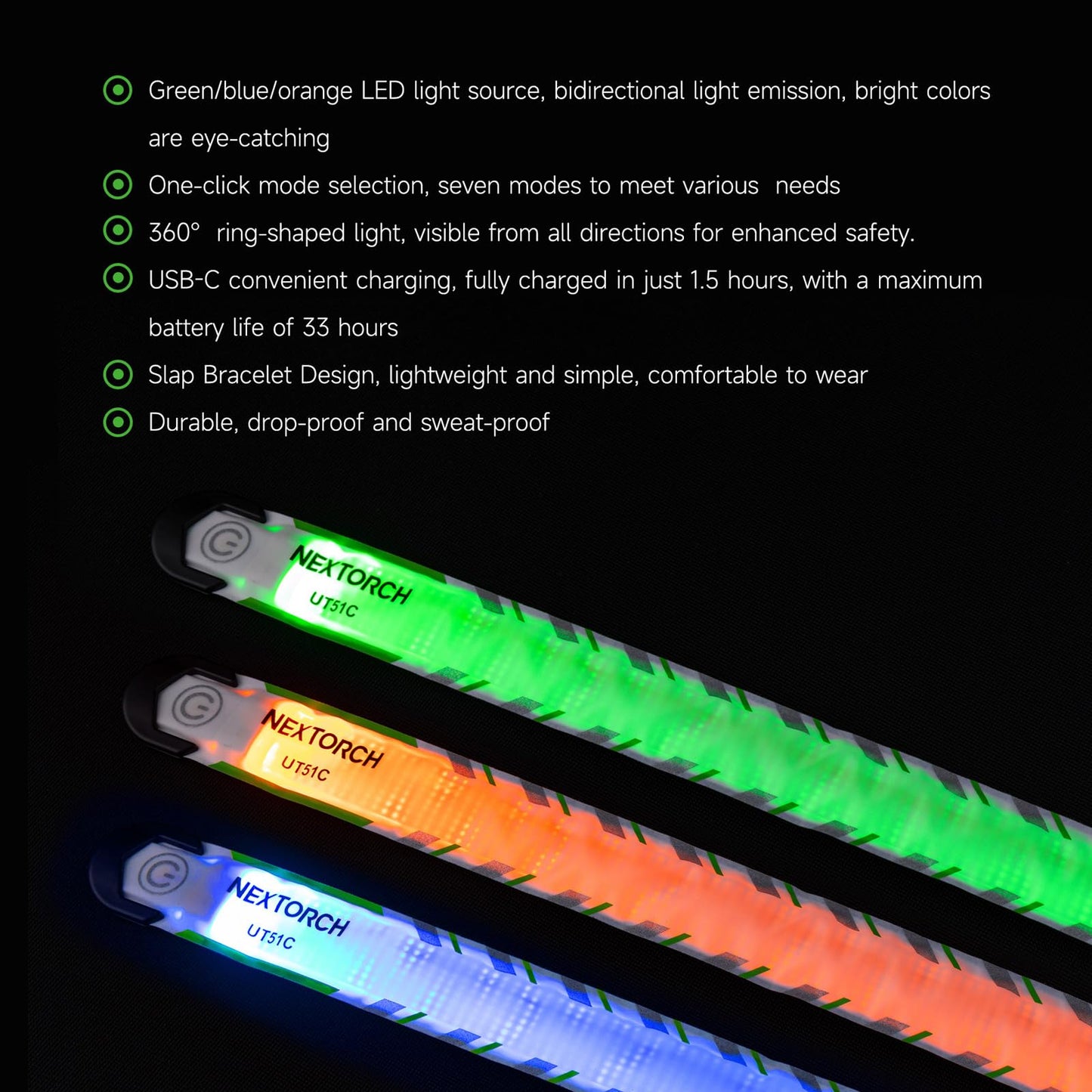 NEXTORCH LED Slap Armband Lights Rechargeable Night Safety Running Wristband Lights, Reflective Straps LED Blue Orange Green Flasing Glow Bracelet for Runners Bicycling Night Pet Walking (1 Pack)